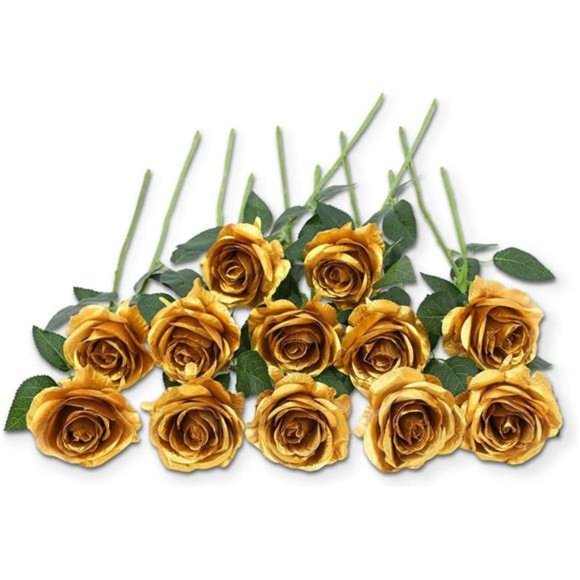 12 PCS Artificial Flowers Gold Roses Fake Silk Flower Long Stem Artificial Roses - Picture 1 of 6